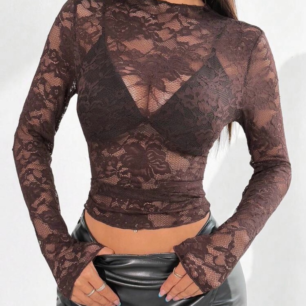 Brown Lace Long-Sleeve Sheer Top - Unbranded